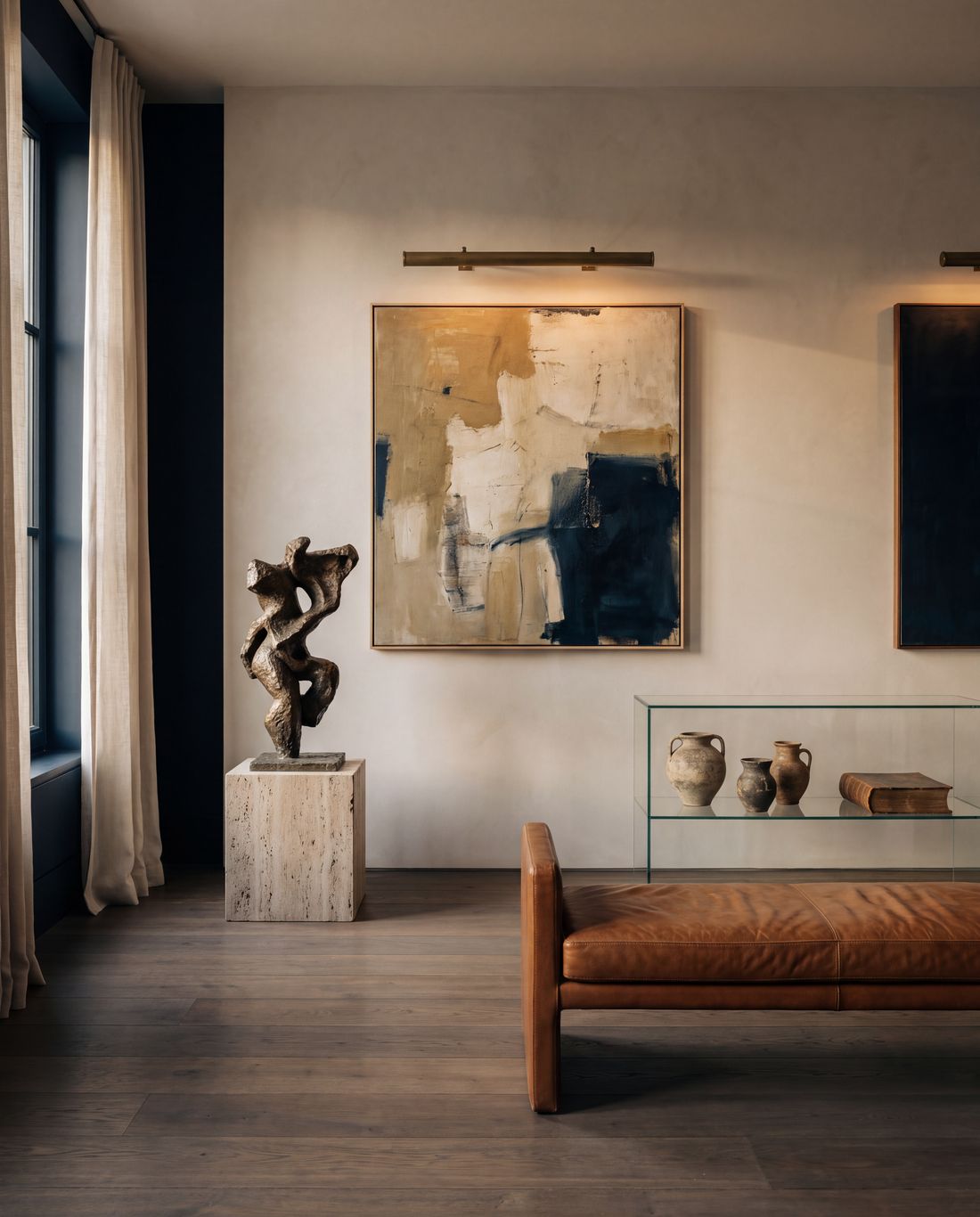 A private gallery room: an abstract painting, a bronze sculpture on a travertine plinth and a leather bench.