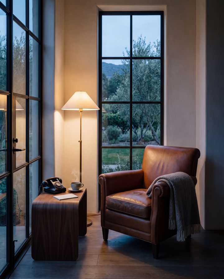 A cognac leather armchair by a tall window at dusk, a telephone and a cup of tea on the side table.