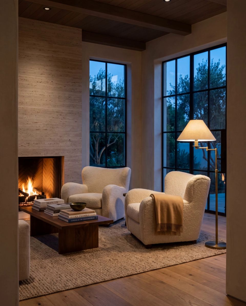 A living room in the evening: a fire burning in a stone fireplace, two ivory armchairs, tall windows onto an olive garden.