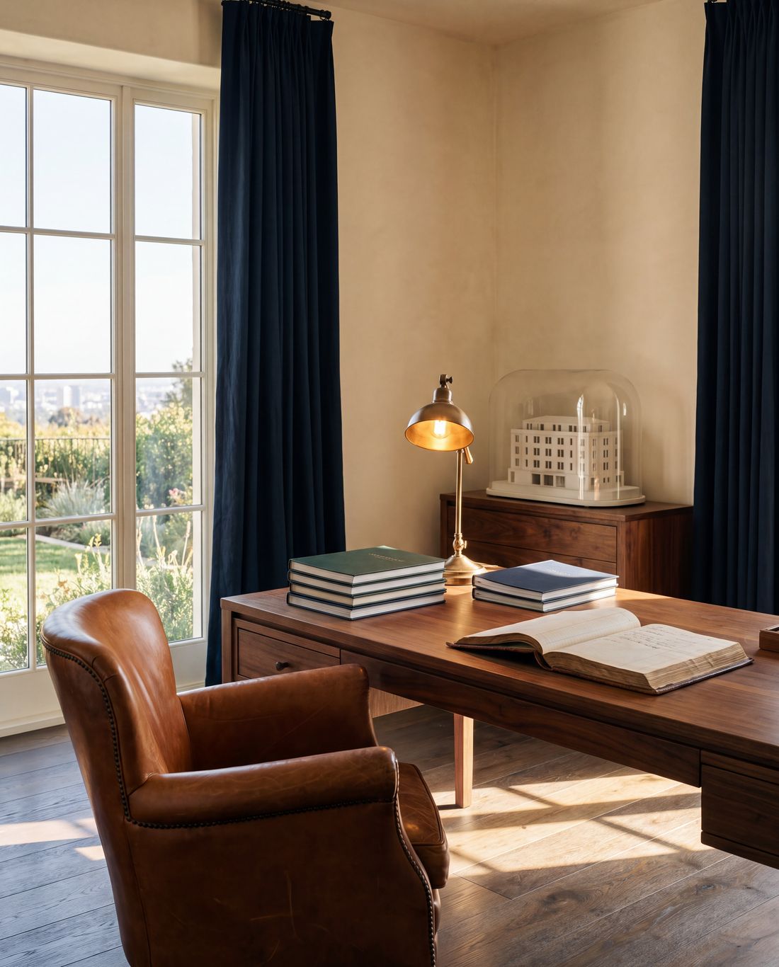 A founder's study: a walnut desk facing French windows, a leather chair and an architectural model in a glass case.