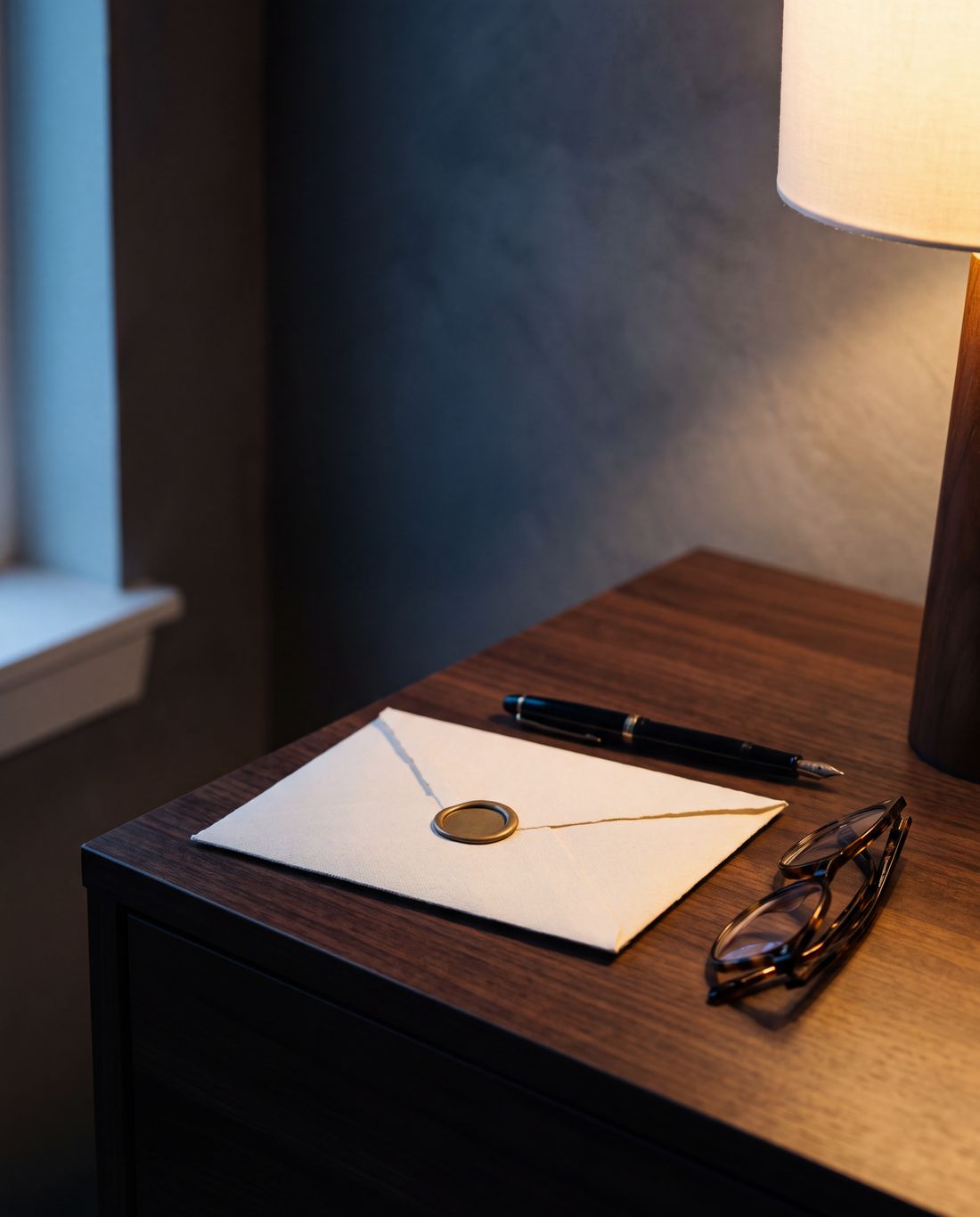 A sealed ivory envelope with a brass wax seal beside a fountain pen and reading glasses on a walnut console.