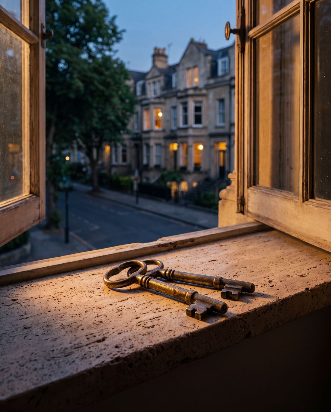 Antique brass keys on a travertine window ledge, a street of stone townhouses beyond.