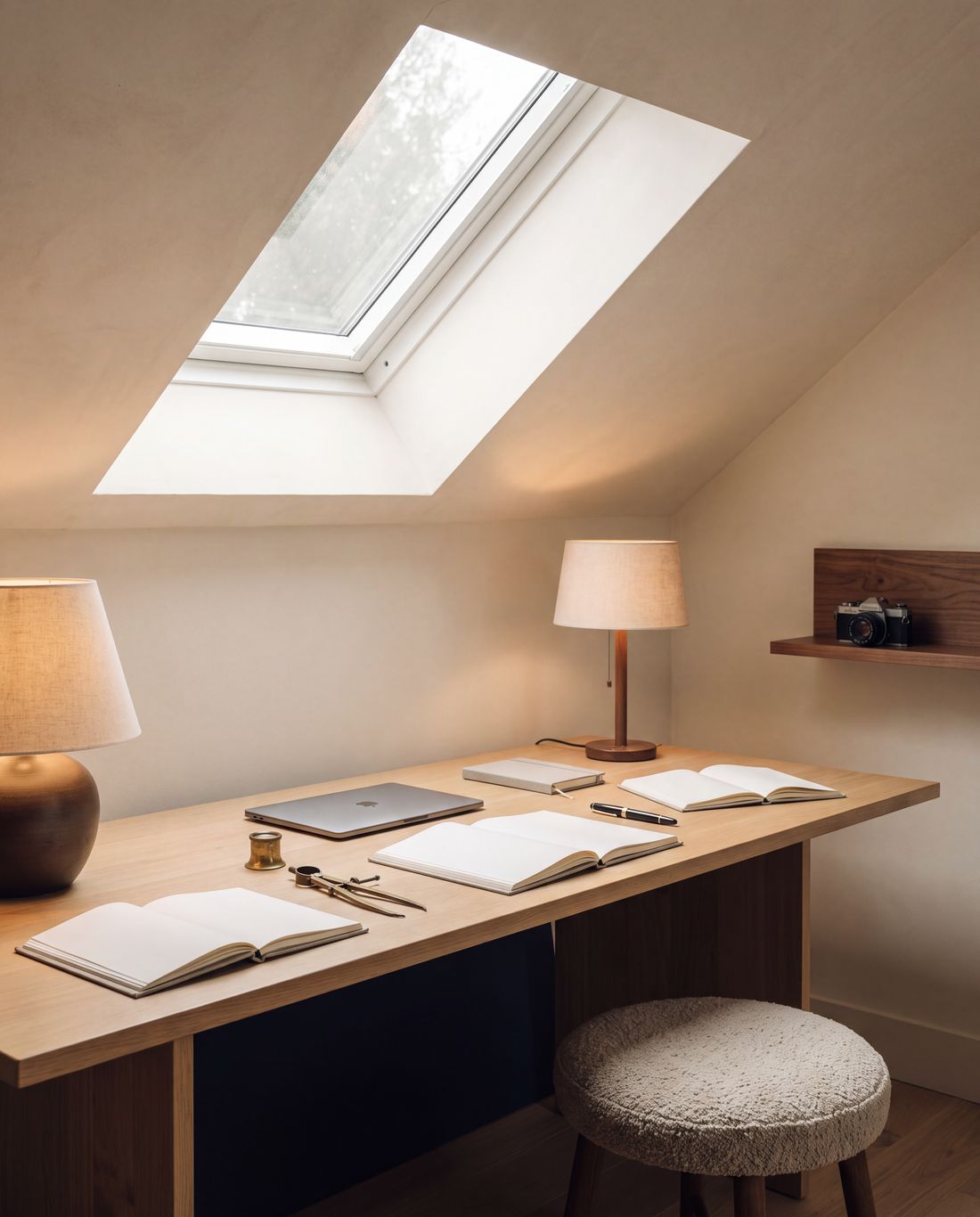 A skylit home studio: an oak worktable with open notebooks, a closed laptop and fine instruments.