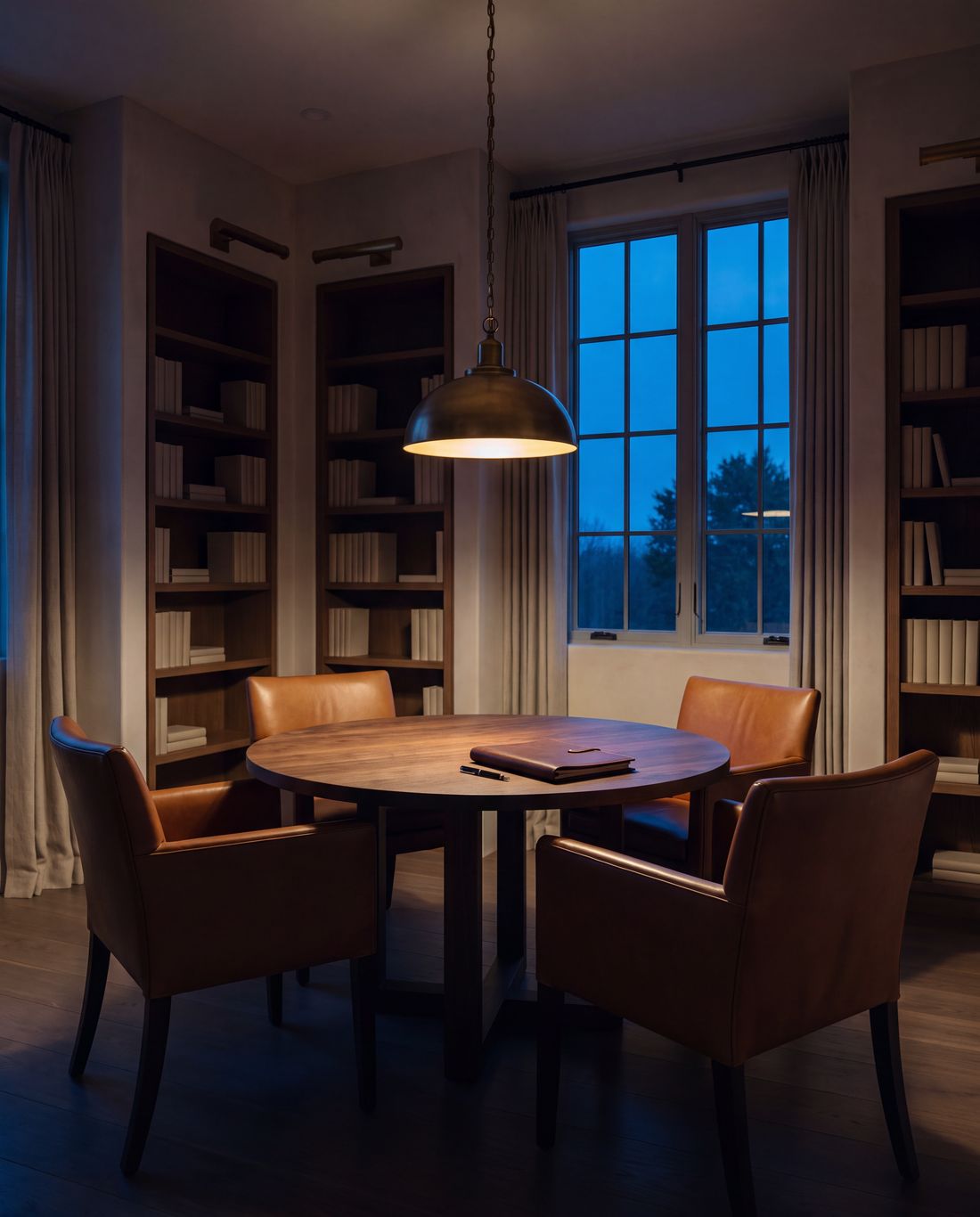 Four cognac leather armchairs around a round walnut table under a brass pendant, dusk at the window.